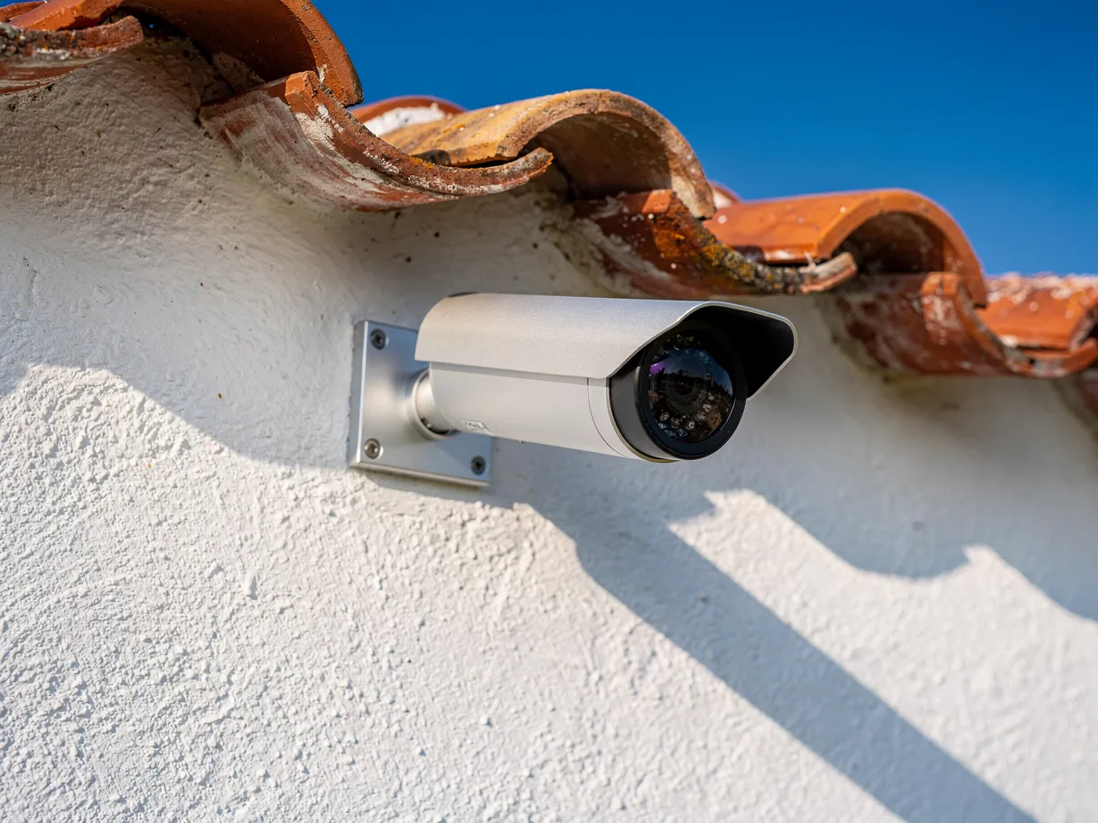 Caméra de surveillance extérieure installée sur une façade