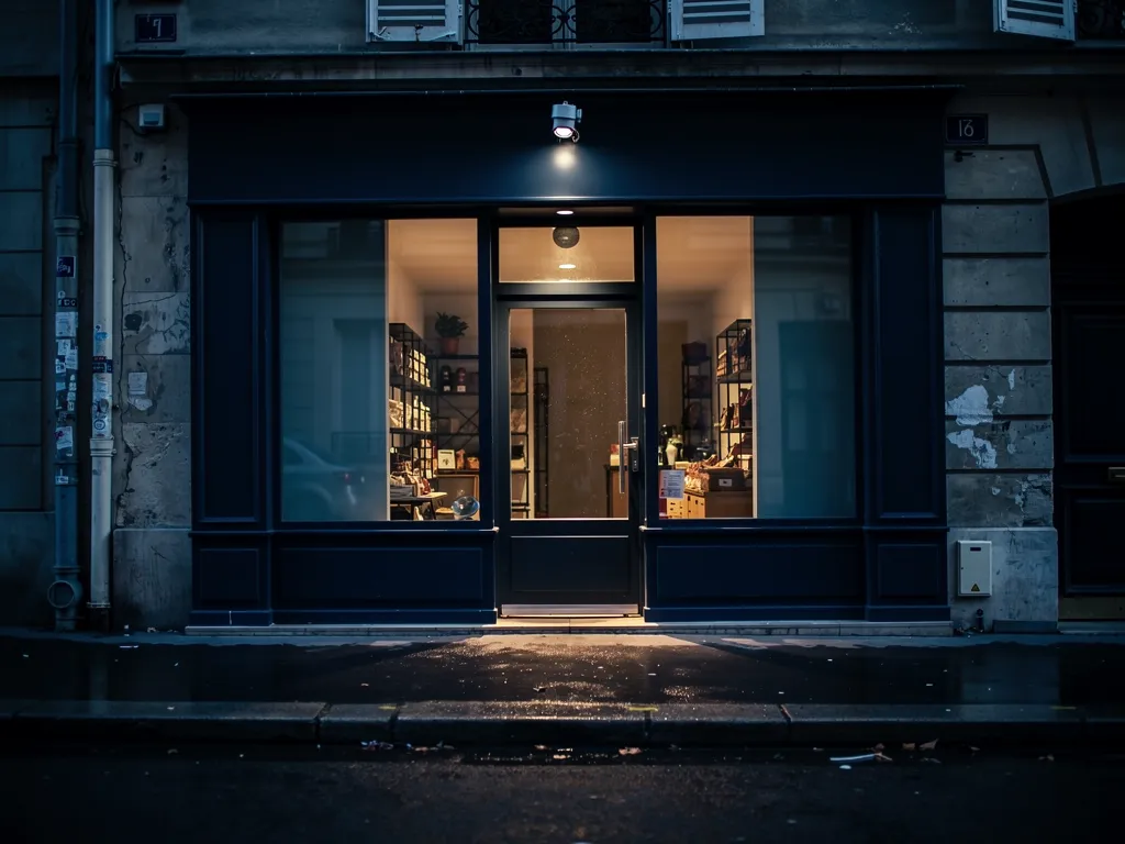 Devanture de commerce la nuit avec caméra de surveillance