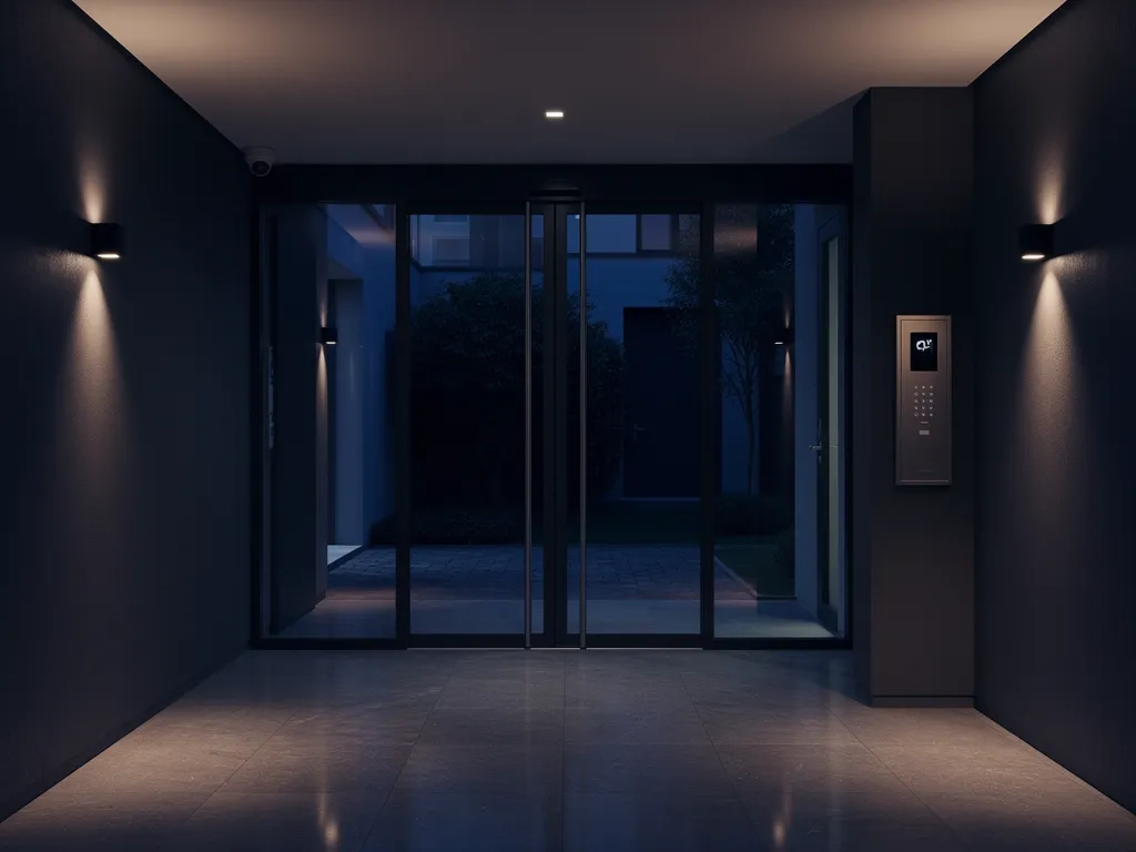 Hall d'immeuble le soir avec interphone vidéo connecté