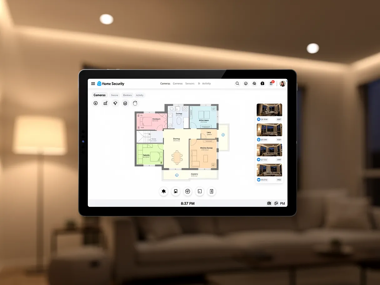Tablette de pilotage domotique affichant les scénarios de sécurité d'une maison