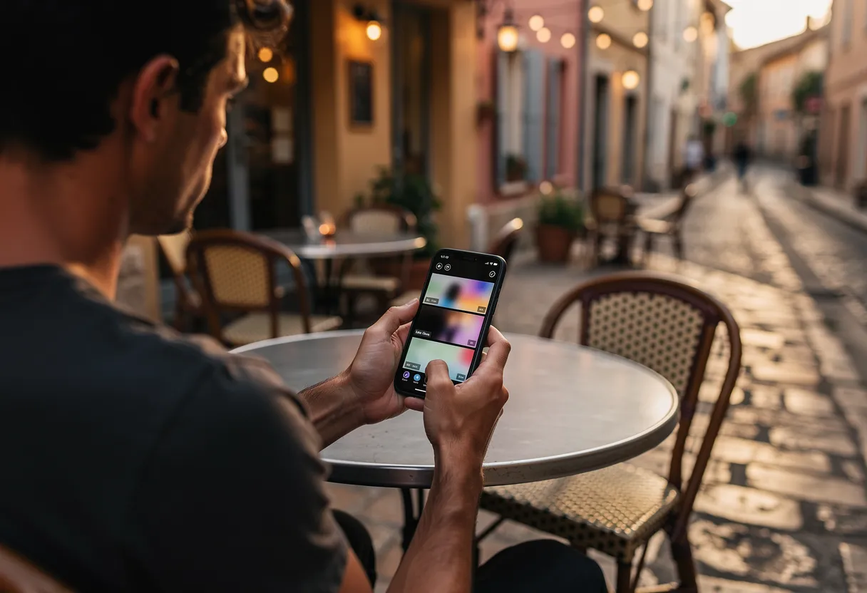 Main tenant un téléphone affichant l'application de sécurité avec caméras en direct
