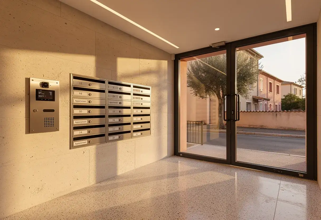 Hall d'immeuble moderne équipé d'un interphone vidéo