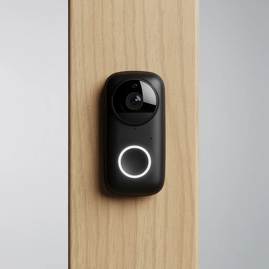 Sonnette vidéo connectée noire posée sur un encadrement de porte