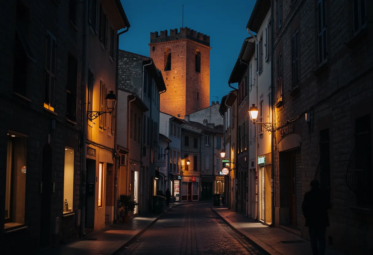 Rue de Perpignan à la tombée du soir, fenêtres éclairées