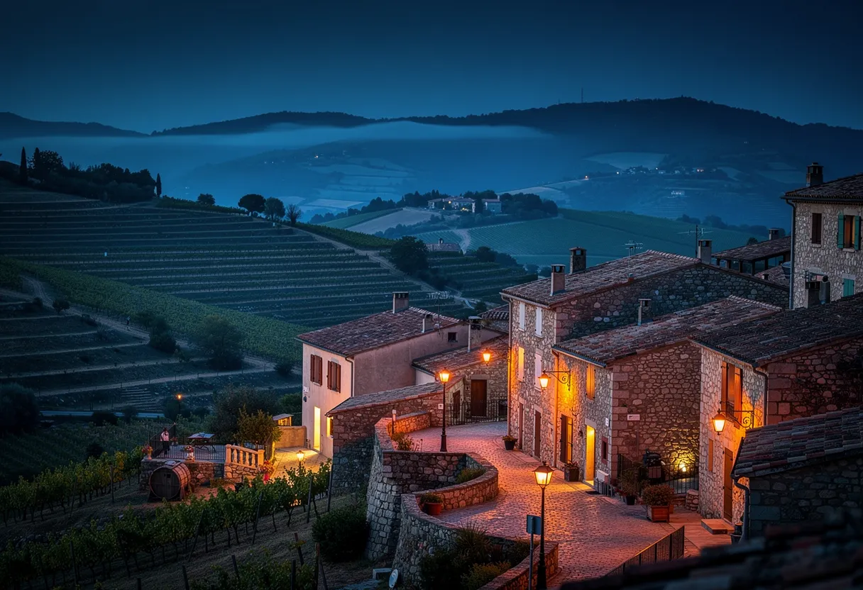Village de pierre des Aspres au crépuscule, lumières éparses