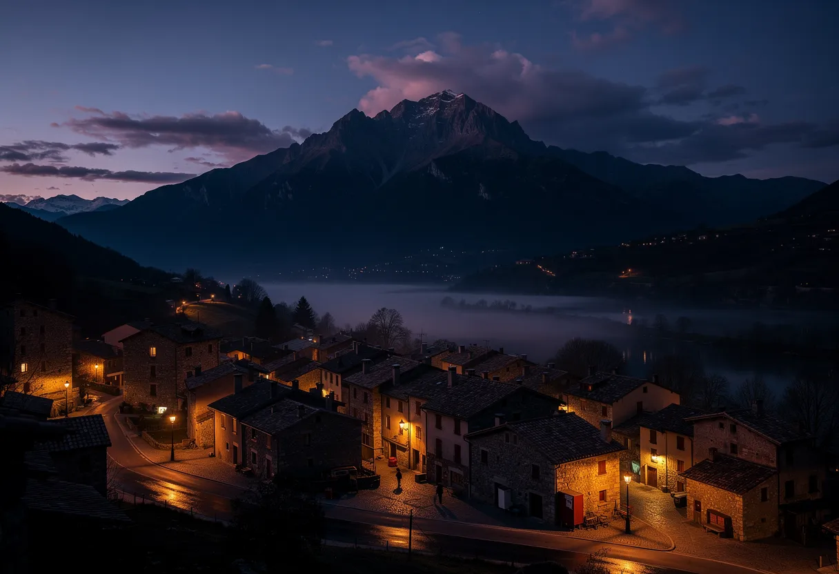 Village de la vallée de la Têt au crépuscule, Canigou en silhouette
