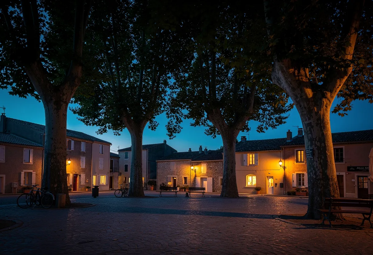 Place de village de la Salanque à l'heure bleue