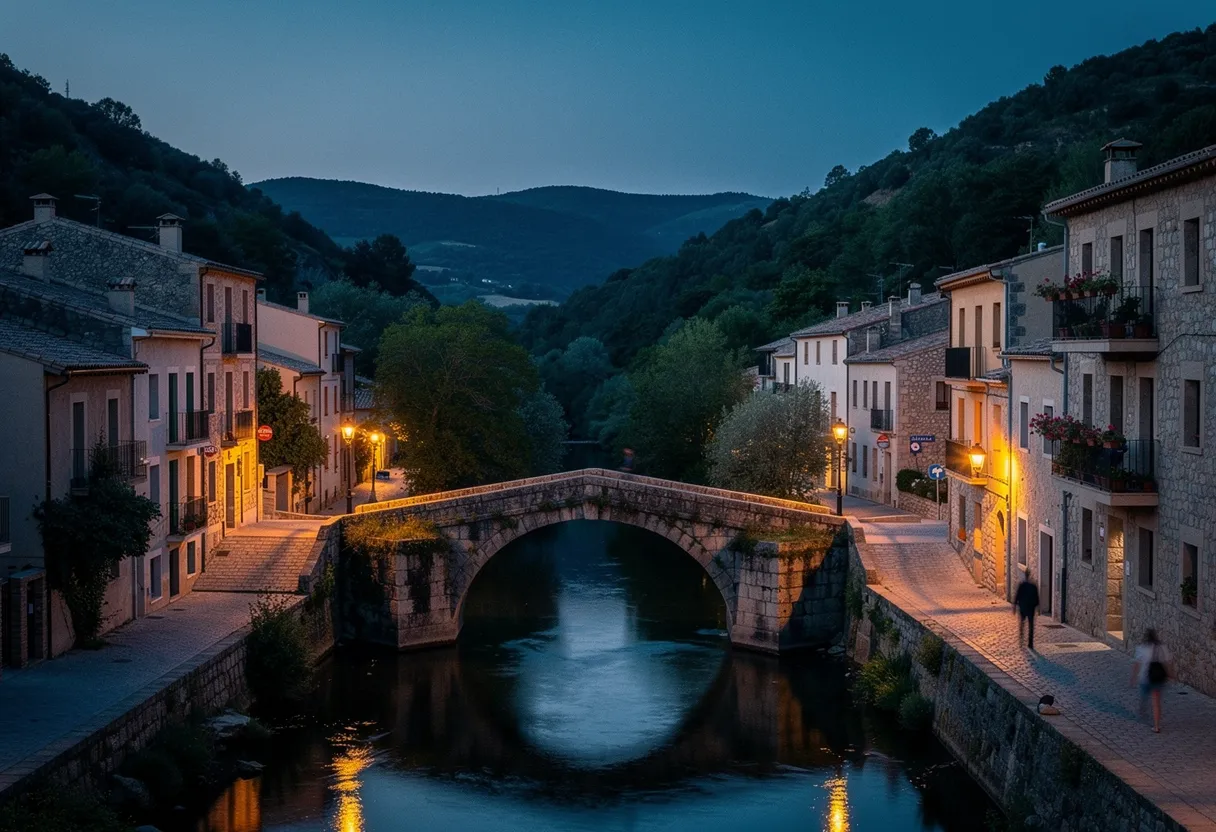 Ville catalane du Vallespir au crépuscule, pont ancien